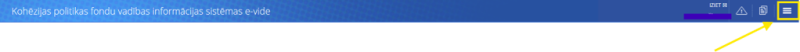 Kohēzijas politikas fondu vadības informācijas sistēmas e-vides galvene ar izvēlnes ikonām un pogu 'IZIET'