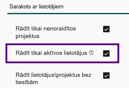 Lietotāju un projektu atlases filtrs ar trim izvēles rūtiņām: 'Rādīt tikai nenoraidītos projektus', 'Rādīt tikai aktīvos lietotājus' un 'Rādīt lietotājus/projektus bez tiesībām'