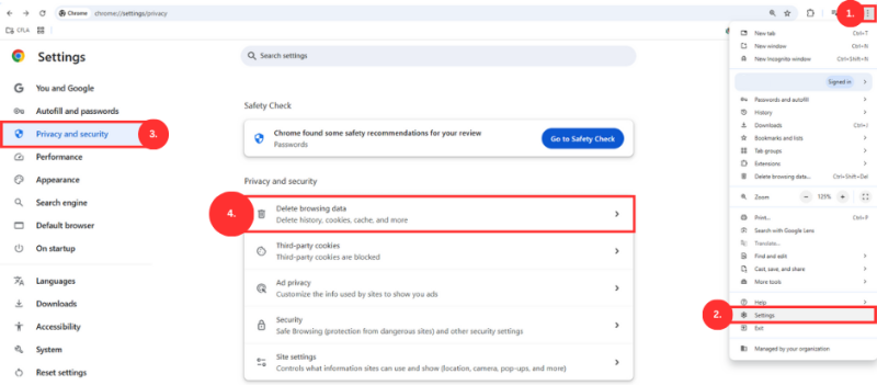 Pamācība par pārlūkošanas datu dzēšanu pārlūkprogrammā Google Chrome ar izceltiem soļiem: izvēlnes atvēršana, iestatījumu izvēle, sadaļa 'Privātums un drošība', un opcija 'Dzēst pārlūkošanas datus'