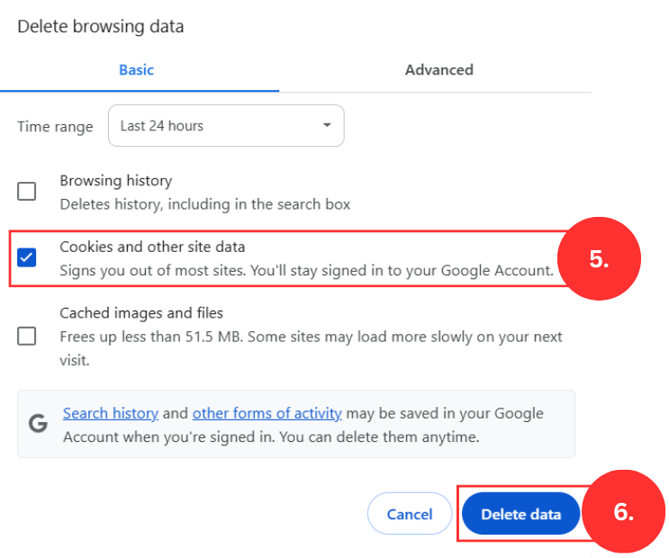 Google Chrome pārlūkprogrammas logs ar atvērtu sadaļu 'Dzēst pārlūkošanas datus', izvēlēta cilne 'Pamata', laika periods 'Pēdējās 24 stundas', atzīmēta opcija 'Sīkfaili un citi vietņu dati', redzamas pogas 'Atcelt' un 'Dzēst datus'.