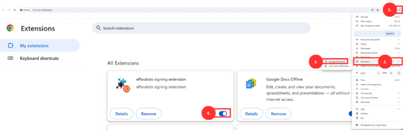 Google Chrome paplašinājumu pārvaldības lapa ar redzamām darbībām: izvēlnes atvēršana, 'Paplašinājumi' izvēle, 'Pārvaldīt paplašinājumus' klikšķis un iespēja ieslēgt vai izslēgt paplašinājumus. Redzami paplašinājumi: 'eParaksts signing extension' un 'Google Docs Offline'.